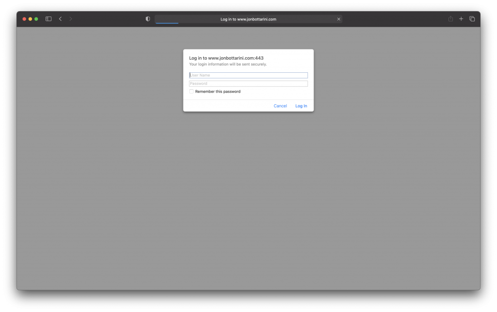 macOS authentication prompt asking to log in to www.jonbottarini.com