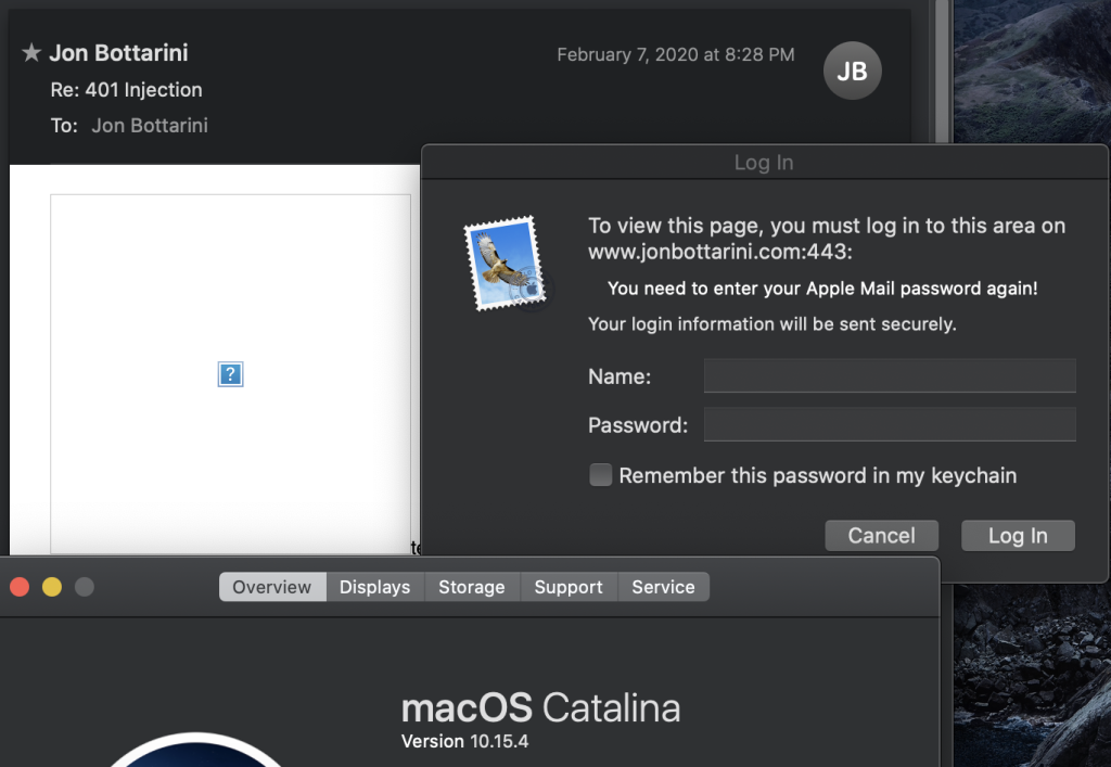 Apple Mail on macOS Catalina showing the credential prompt while replying to the crafted email