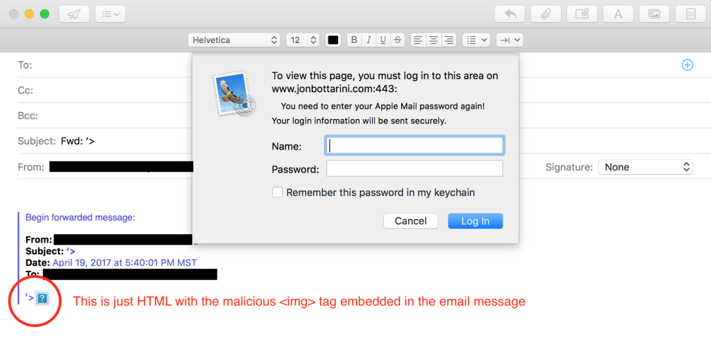 Apple Mail compose window showing the login prompt triggered by a malicious img tag in the message