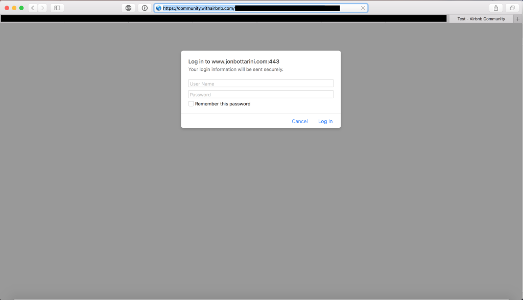 A prompt asking users on an AirBnb community website to login to my website